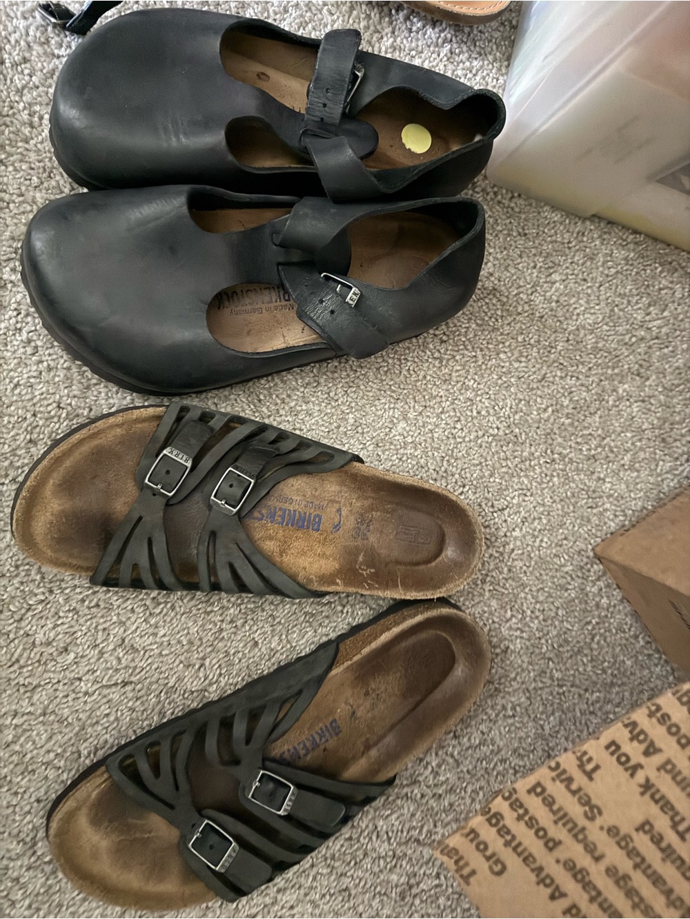 Birkenstock Black Leather Clogs and Black Strappy Slide Sandals